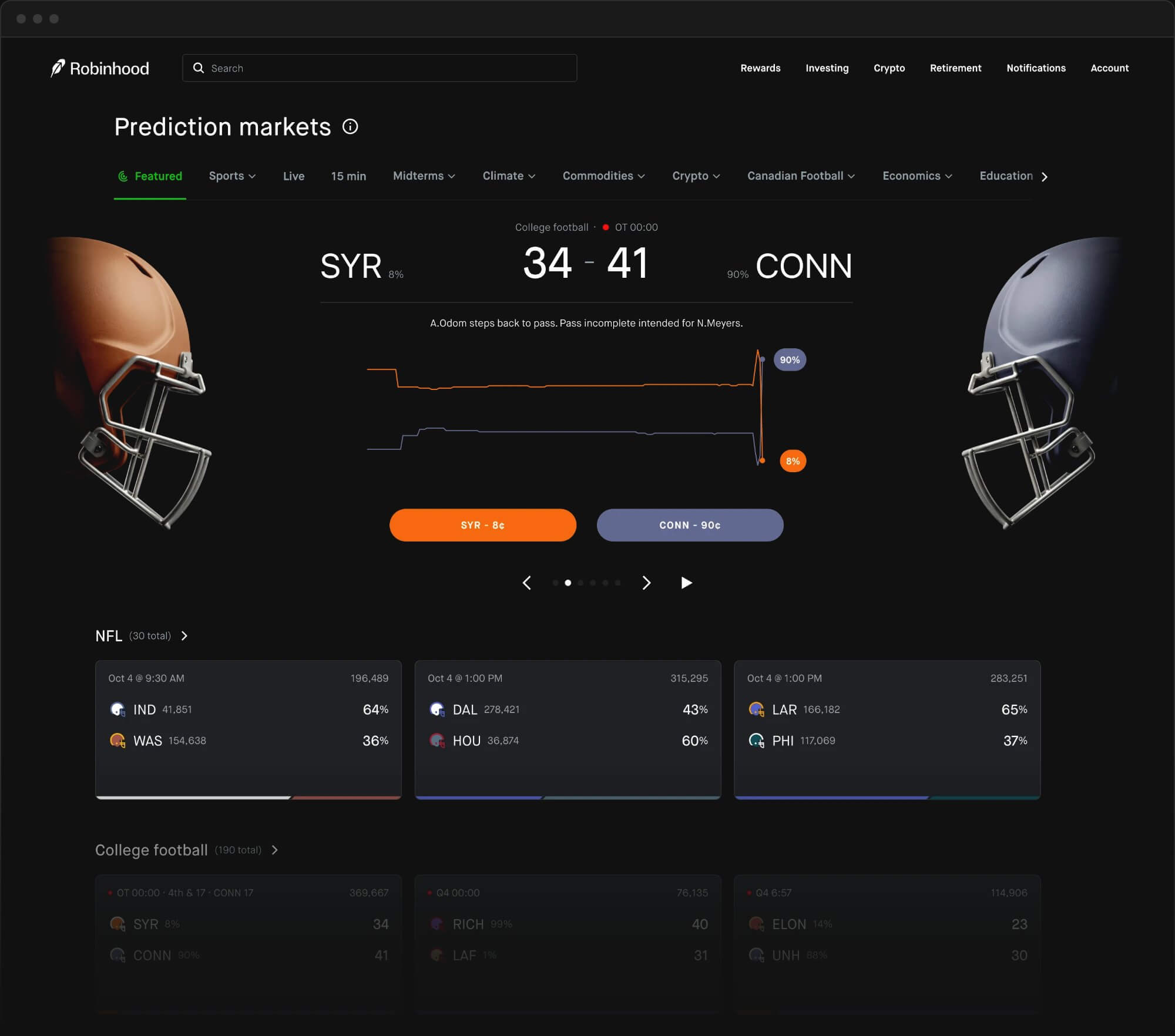 Robinhood prediction markets on the web in a desktop browser window, with a live college football game and NFL markets
